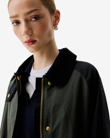 Women's Kambaba Green Harrow Patch Colour Block Long Waxed Jacket