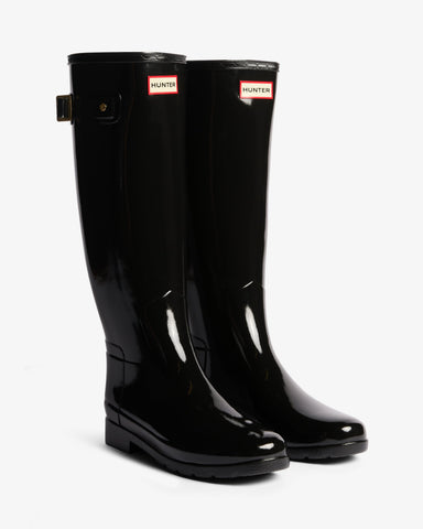 Women's Black Refined Slim Fit Gold Trim Tall Gloss Wellington Boot