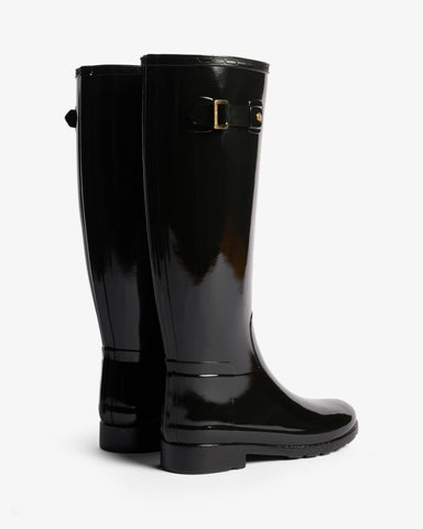 Women's Black Refined Slim Fit Gold Trim Tall Gloss Wellington Boot