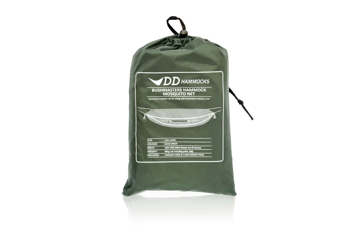 DD Hammocks Bushmasters Mosquito Net packed in a green storage bag for insect protection while camping.