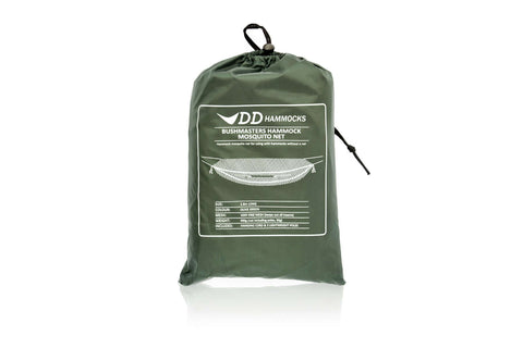 DD Hammocks Bushmasters Mosquito Net packed in a green storage bag for insect protection while camping.