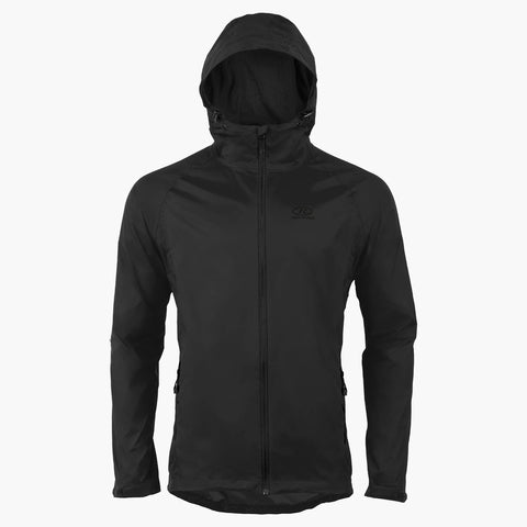 Stow and Go Pack Away Waterproof Men's Jacket in black, featuring a hood and lightweight design for outdoor activities.