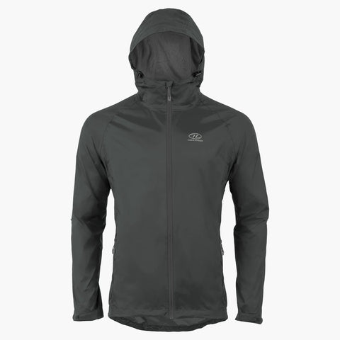Stow and Go Pack Away Waterproof Men's Jacket in dark grey, featuring a hood and lightweight, packable design for outdoor use.