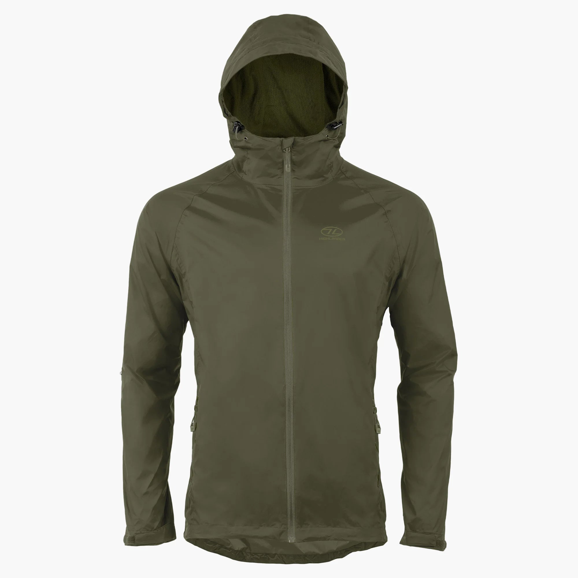 Lightweight waterproof men's jacket with hood in olive green, ideal for outdoor activities and unpredictable weather.