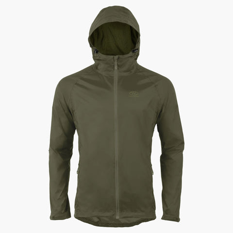 Lightweight waterproof men's jacket with hood in olive green, ideal for outdoor activities and unpredictable weather.
