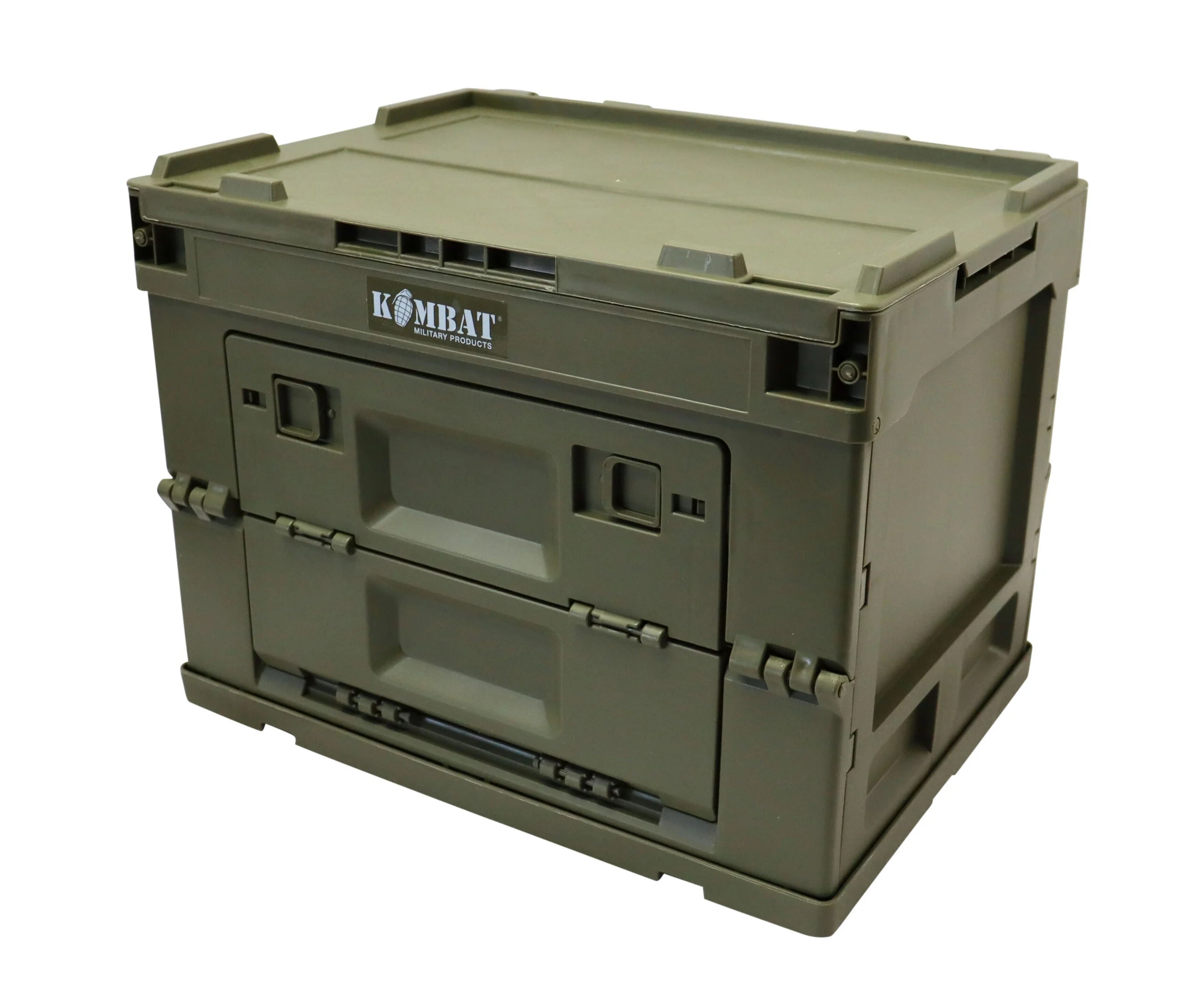 Military folding storage box in olive green with stackable design and quick-deploy functionality for outdoor use.