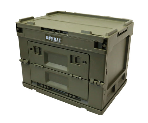 Military folding storage box in olive green with stackable design and quick-deploy functionality for outdoor use.