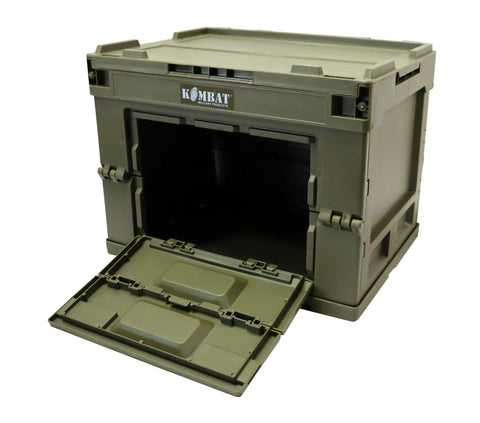 Military Folding Storage Box in olive green with an open front, designed for durability and portability.