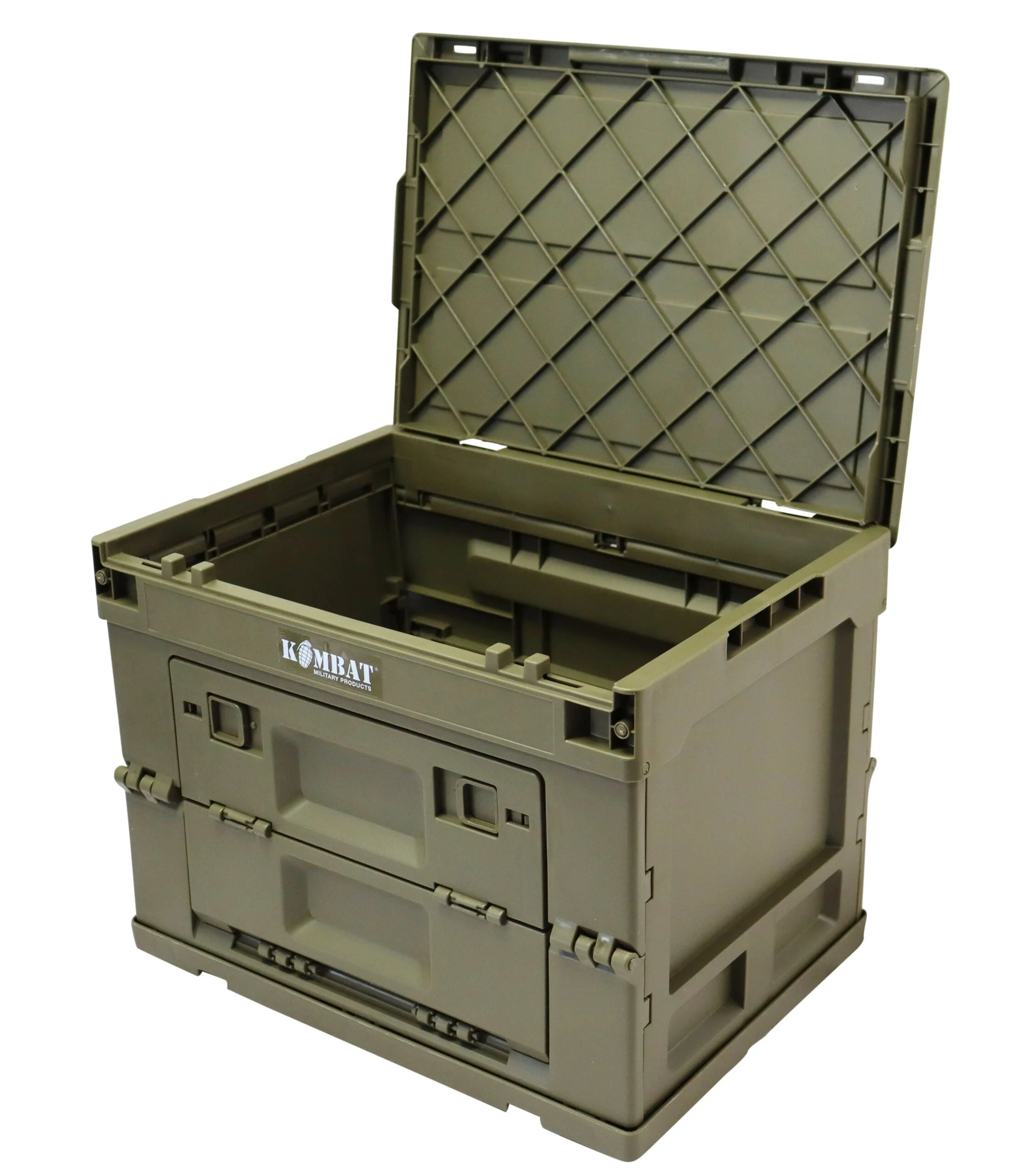 Olive green military folding storage box with an open lid, designed for outdoor adventures and tactical use.