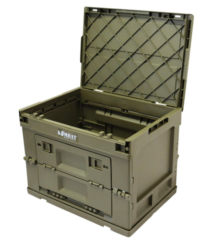 Olive green military folding storage box with an open lid, designed for outdoor adventures and tactical use.