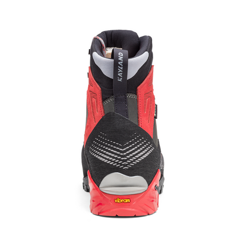 Kayland Stellar Nubuk GTX mountaineering boots with a red and black design, showcasing a Vibram sole and Gore-Tex for insulation.