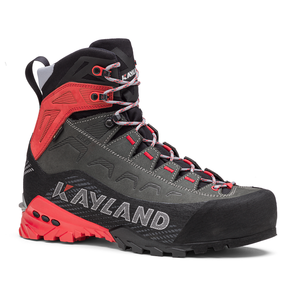 Kayland Stellar Nubuk GTX mountaineering boots in black and red, designed for protection and comfort in extreme conditions.