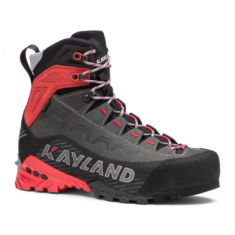 Kayland Stellar Nubuk GTX mountaineering boots in black and red, designed for protection and comfort in extreme conditions.