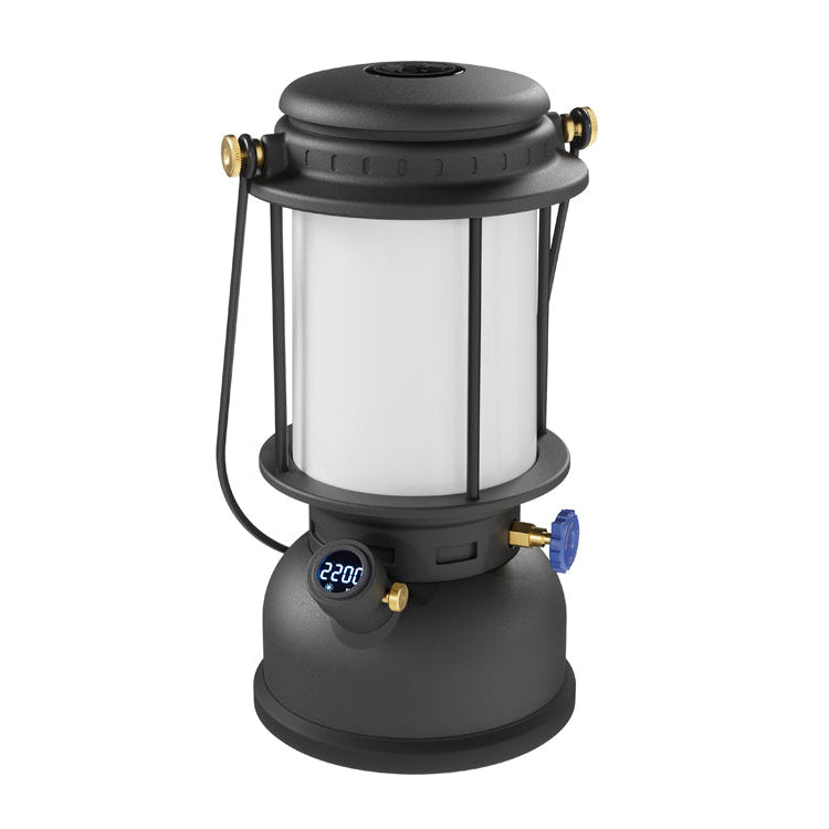 Black lantern with a digital display on a white background