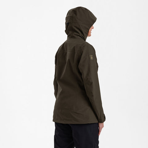 Lady Sarek Shell Jacket with hood in dark green, showcasing waterproof and breathable features for outdoor activities.