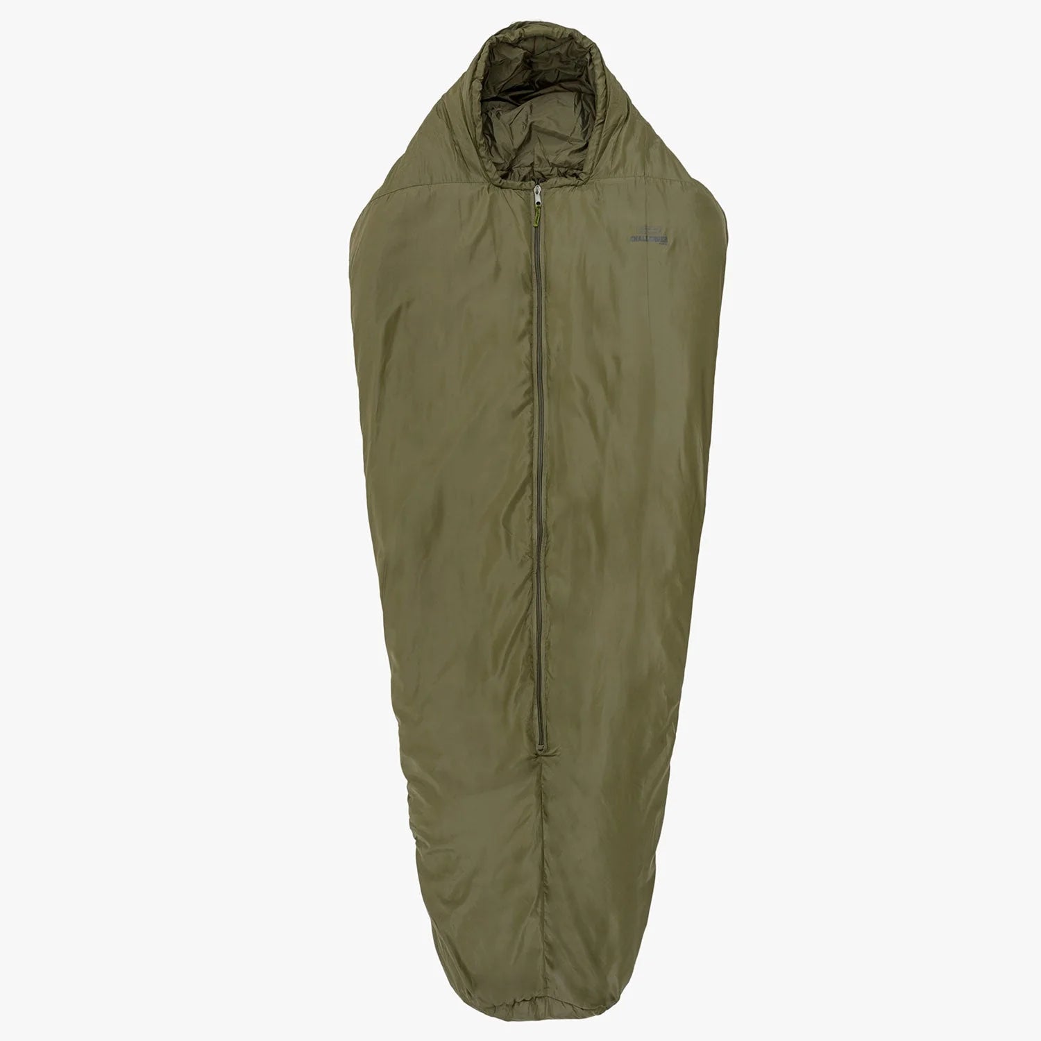 Challenger 400 Mummy Sleeping Bag in olive green with full-length zipper and hood, ideal for winter camping.