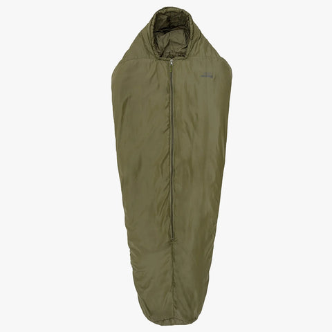 Challenger 400 Mummy Sleeping Bag in olive green with full-length zipper and hood, ideal for winter camping.