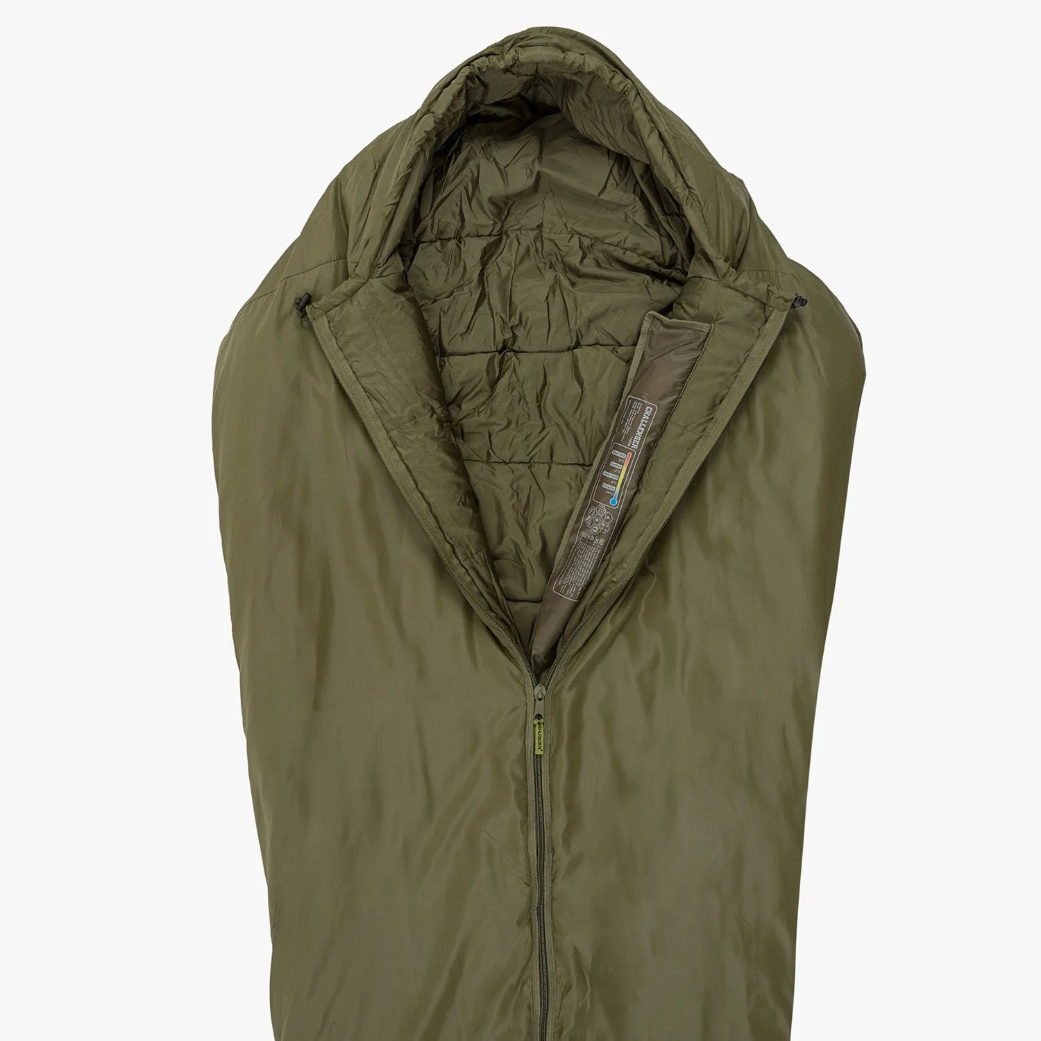 Challenger 400 Mummy Sleeping Bag in olive green, featuring a hood, zipper, and synthetic insulation for winter camping.