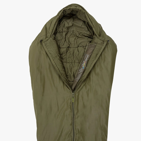 Challenger 400 Mummy Sleeping Bag in olive green, featuring a hood, zipper, and synthetic insulation for winter camping.