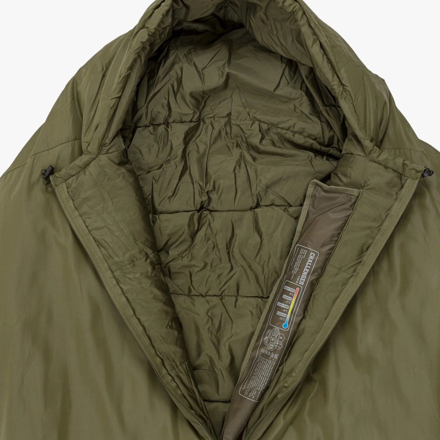 Interior view of the Challenger 400 Mummy Sleeping Bag with cozy synthetic insulation and YKK zipper.