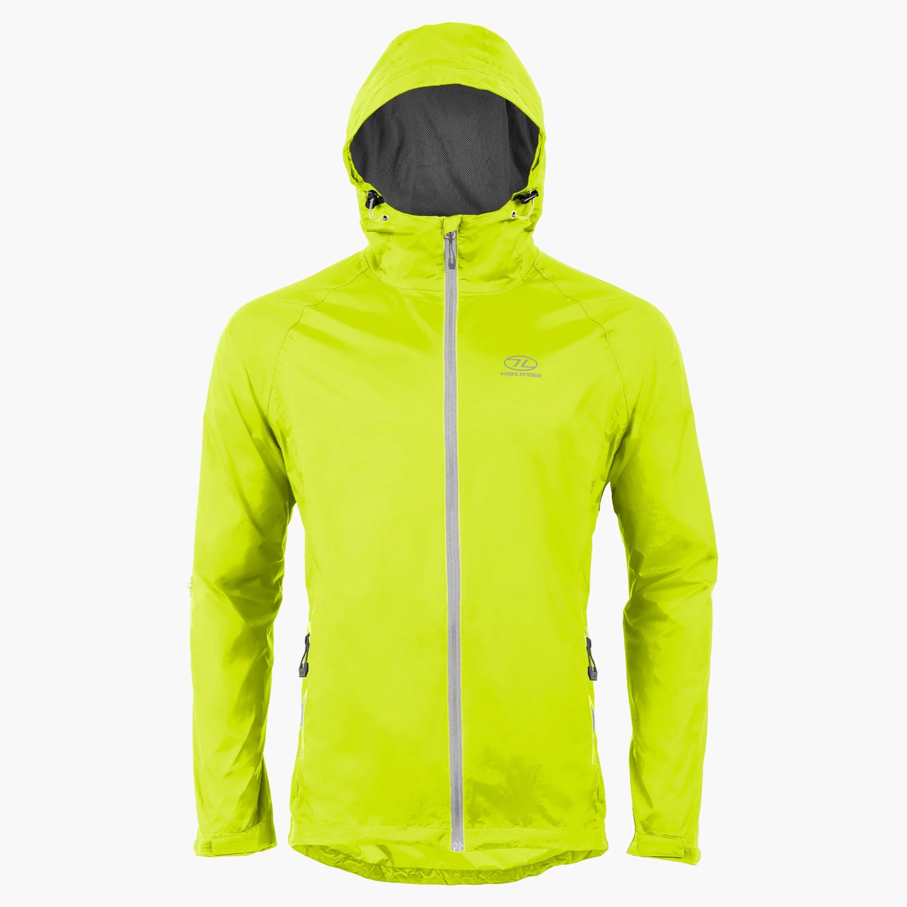 Bright yellow waterproof men's jacket with hood, perfect for unpredictable weather and outdoor activities.