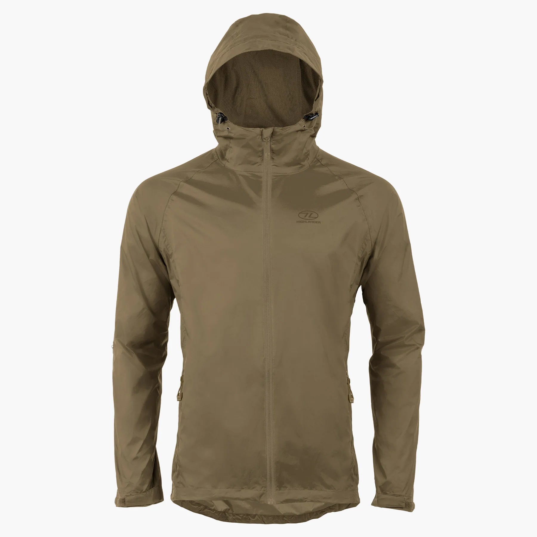 Stow and Go Pack Away Waterproof Men's Jacket in khaki, featuring a hood and lightweight, packable design for outdoor adventures.
