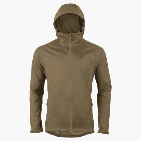 Stow and Go Pack Away Waterproof Men's Jacket in khaki, featuring a hood and lightweight, packable design for outdoor adventures.