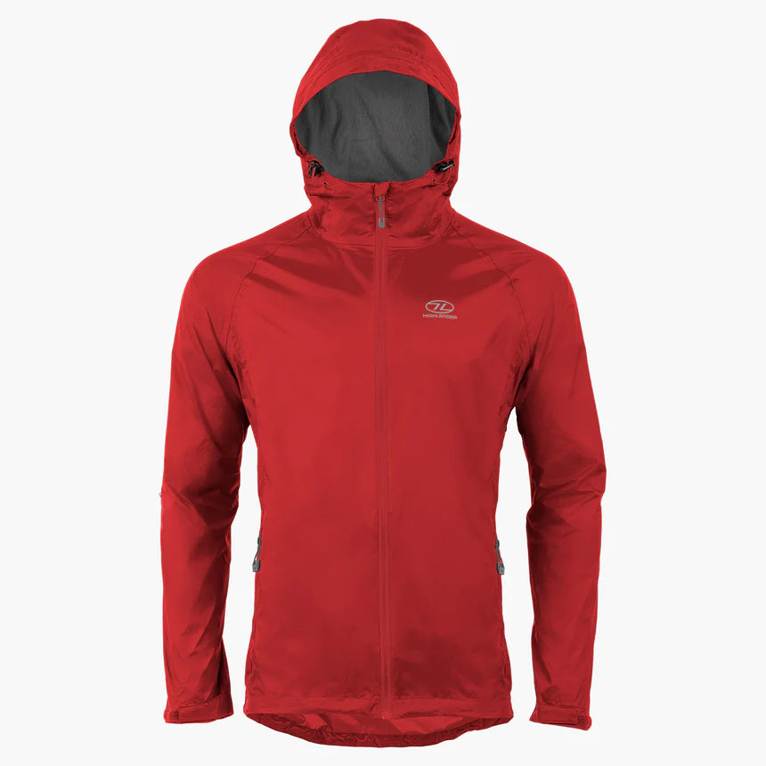 Stow and Go Pack Away Waterproof Men's Jacket in red, featuring a lightweight design and hood, perfect for unpredictable weather.
