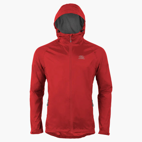 Stow and Go Pack Away Waterproof Men's Jacket in red, featuring a lightweight design and hood, perfect for unpredictable weather.
