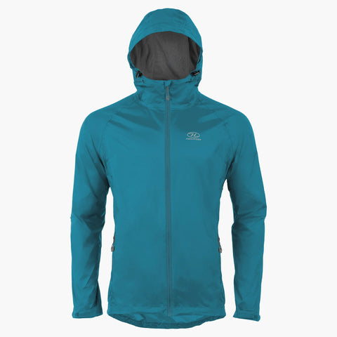 Stow and Go pack away waterproof men's jacket in teal color with hood, designed for outdoor adventures.
