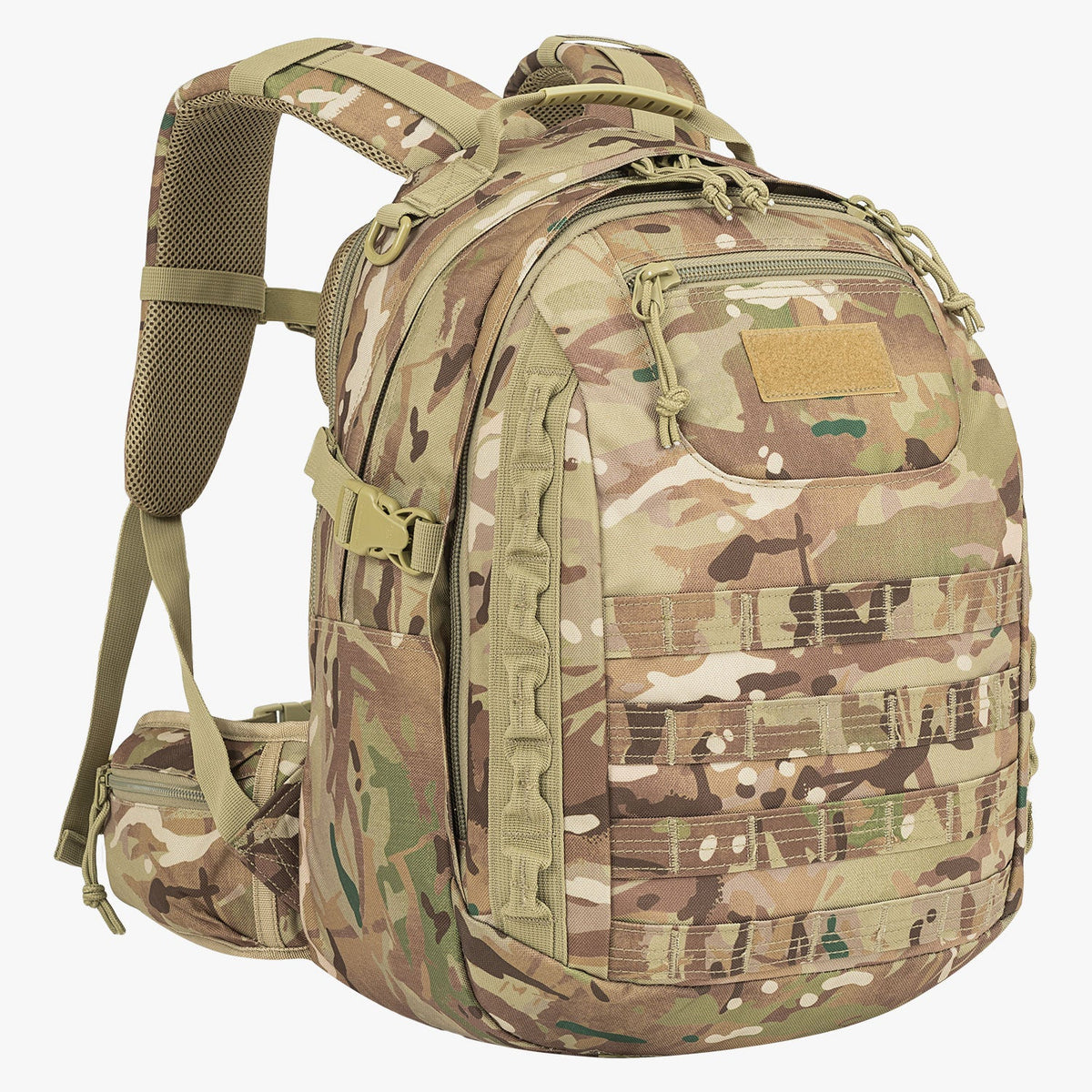 Camouflage backpack on a white background