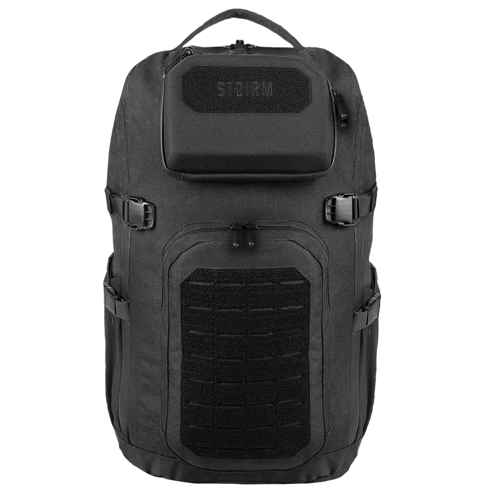 Gray tactical backpack with 'STORM' branding on a black background