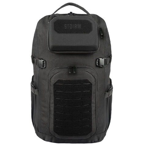 Gray tactical backpack with 'STORM' branding on a black background