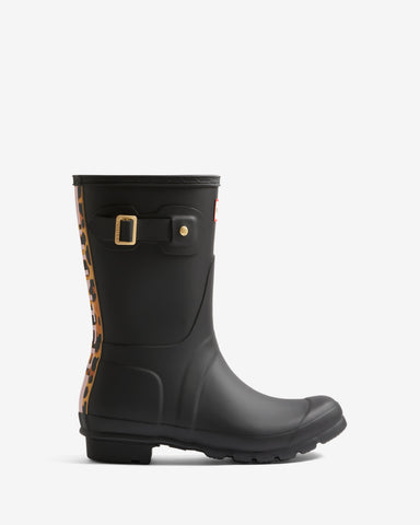 Women's Black Leopard Print Backstrap Short Wellington Boot
