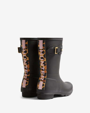Women's Black Leopard Print Backstrap Short Wellington Boot