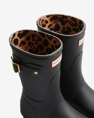 Women's Black Leopard Print Backstrap Short Wellington Boot
