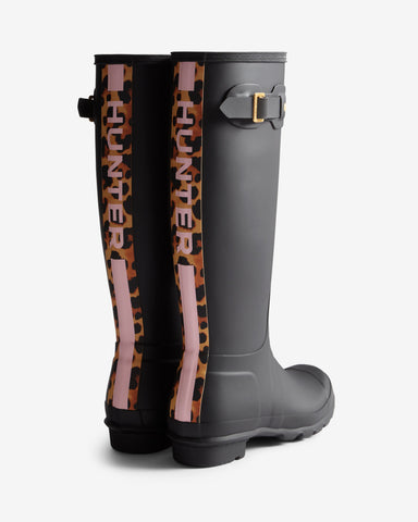 Women's Black Leopard Print Backstrap Tall Wellington Boot