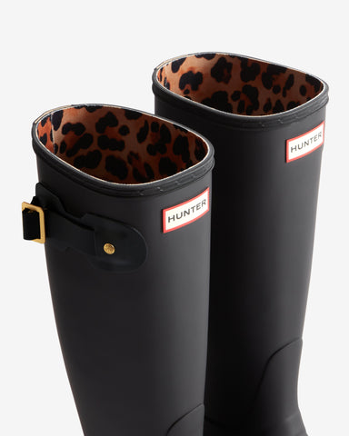 Women's Black Leopard Print Backstrap Tall Wellington Boot