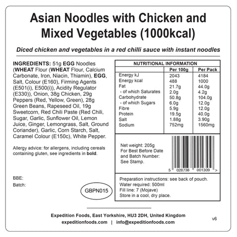 Expedition Foods Asian Noodles with Chicken and Mixed Vegetables | Freeze-Dried Meal