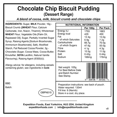 Expedition Foods Chocolate Chip Biscuit Pudding (Breakfast/Dessert Range) | Freeze-Dried Meal