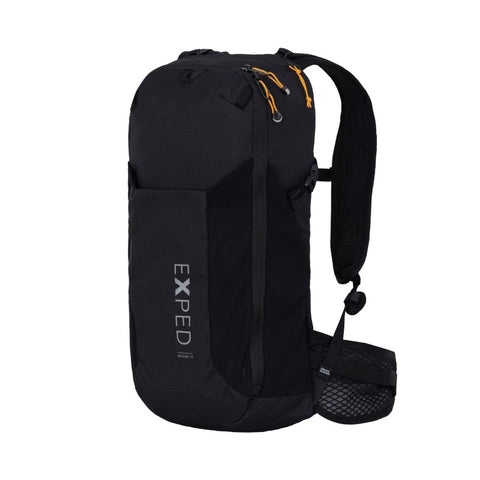 Black Skyline 12 ultralight backpack featuring ergonomic design, breathable straps, and adjustable hip belt for hiking and daily use.