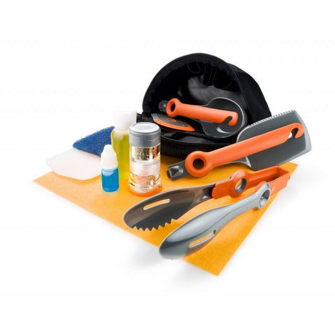 GSI Crossover backpacking utensils organized in lightweight tote showing compact storage system