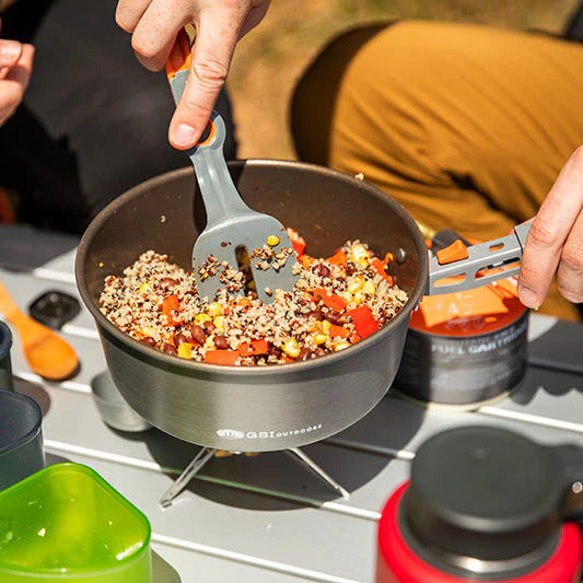 GSI Pinnacle Camper crushproof strainer lids and folding pot gripper for camping cooking