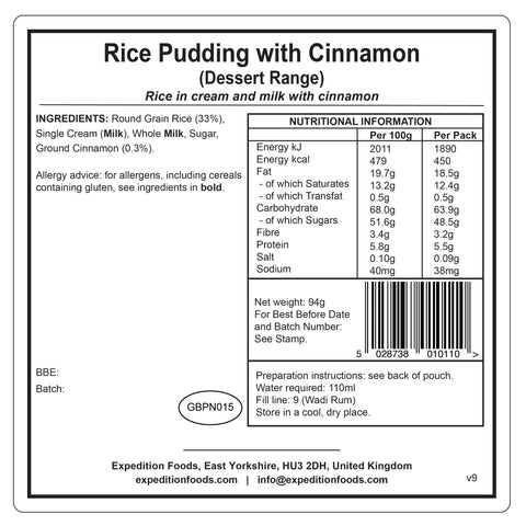 Expedition Foods Rice Pudding with Cinnamon (Breakfast/Dessert Range) | Freeze-Dried Meal