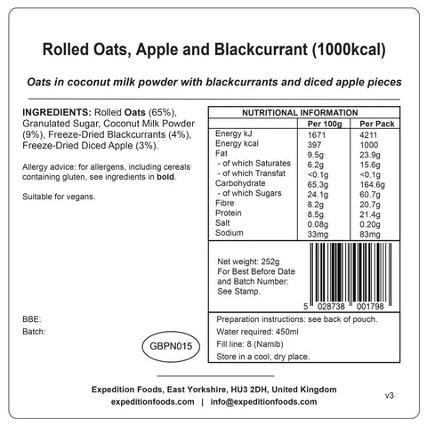 Expedition Foods Rolled Oats, Apple and Blackcurrant | Freeze-Dried Meal