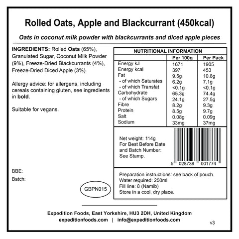 Expedition Foods Rolled Oats, Apple and Blackcurrant | Freeze-Dried Meal