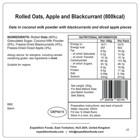 Expedition Foods Rolled Oats, Apple and Blackcurrant | Freeze-Dried Meal