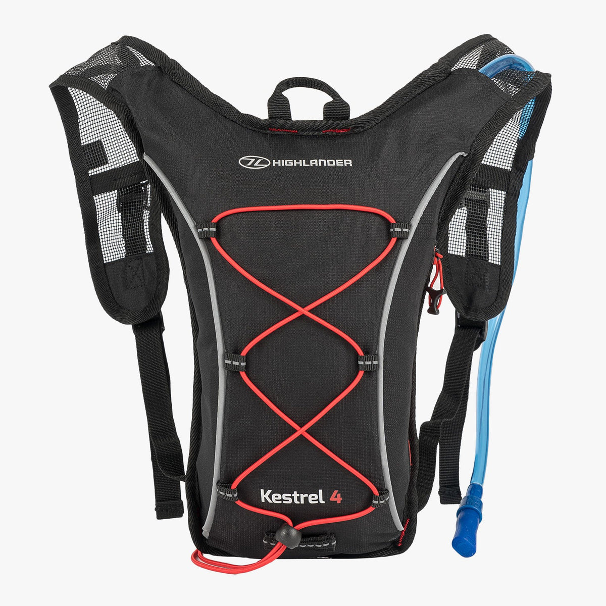 Black hydration backpack with red accents and a blue water bladder on a white background