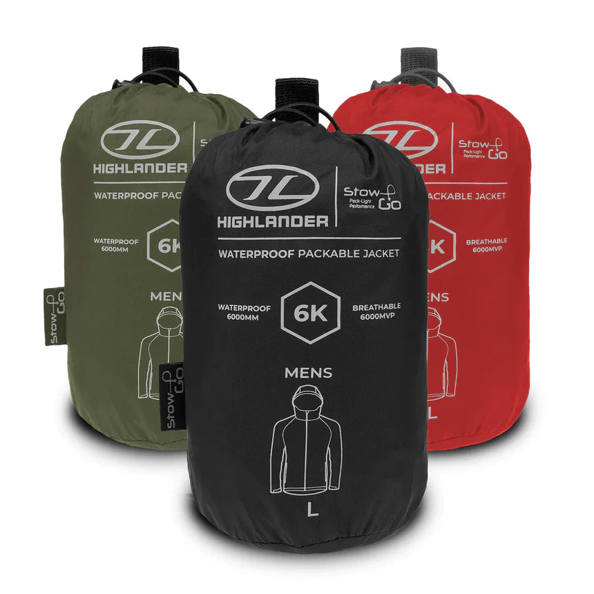 Highlander waterproof packable men's jackets in three colors: black, green, and red, showcasing their compact stowaway design.