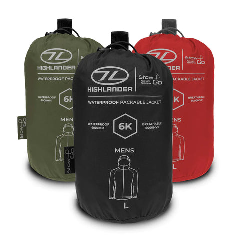 Highlander waterproof packable men's jackets in three colors: black, green, and red, showcasing their compact stowaway design.